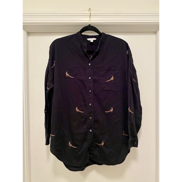 LL Bean Signature Oversized Button Down Shirt XS Blck Embroidered Pheasant Tunic - Picture 2 of 8